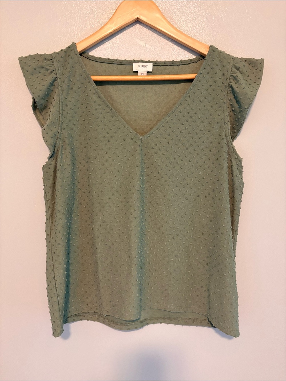 J. Crew Olive Green Swiss-Dot V-Neck Flutter Sleeve Blouse